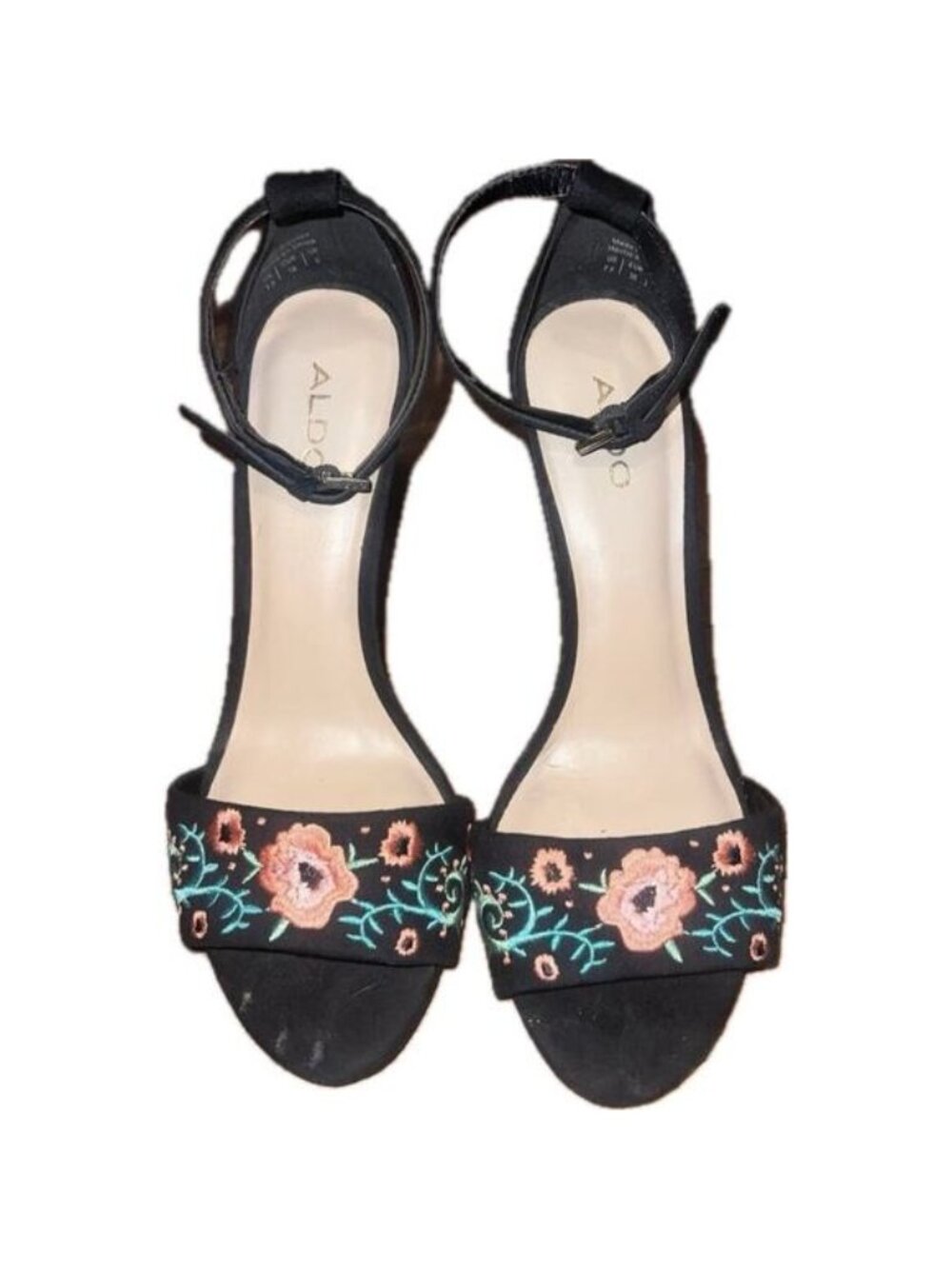 ALDO Floral Embroidered Stiletto Ankle Strap Heels Romantic Y2K Black Size 7.5